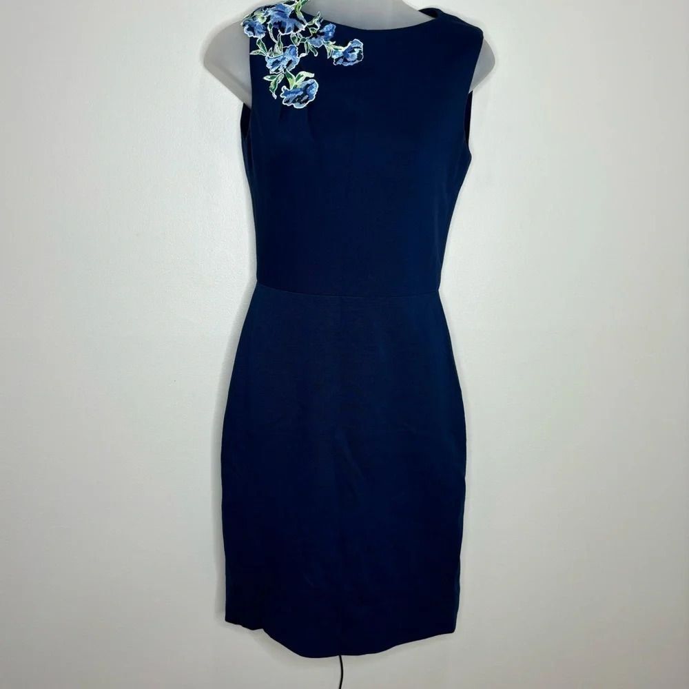 Jason Wu Collection Embroidered Floral Applique Navy Sleeveless Sheath Dress 2
